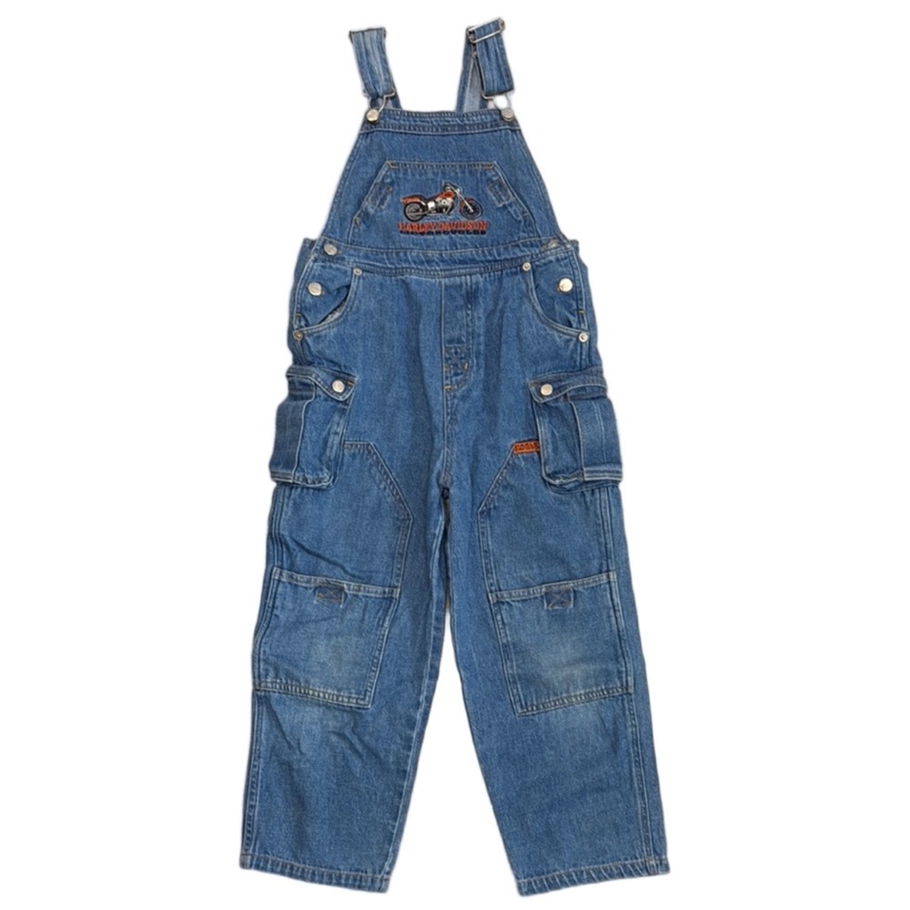 Harley-Davidson Boys Size 7 Blue Denim Overalls Embroidered Logo Cotton